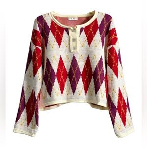 Miss Love Cropped Argyle Pullover Henley Style Sweater Small Ivory Red Purple